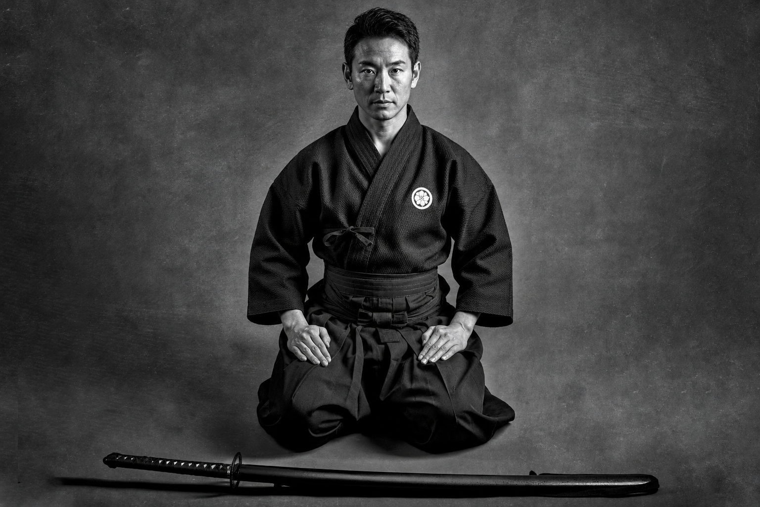 Japanese swordsman seated in seiza with a katana in front, representing traditional Japanese swordsmanship training.